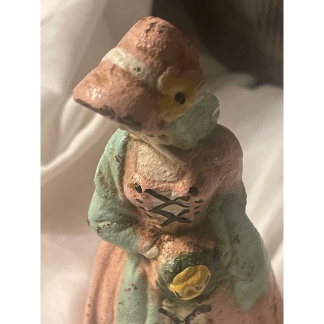 Antique Cast Iron Doorstop W Victorian Lady in Peachy Pink Colonial Attire & Sunflower Bonnet For Sale - Image 11 of 12