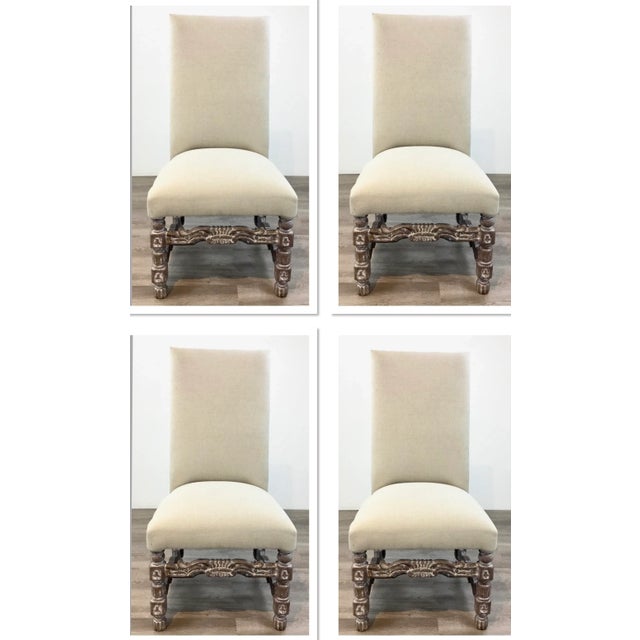 Transitional High Back Carved Wood Beige Linen Dining Chairs Set of Four For Sale - Image 9 of 9