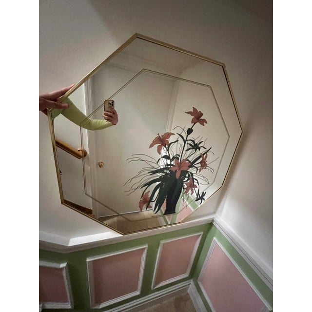 1970s Octagon Brass Etched Colored Floral Mirror, Circa 1970 For Sale - Image 5 of 8