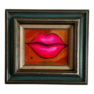Original Pop Art Painting of Hot Pink Lips in Vintage Wood Frame For Sale