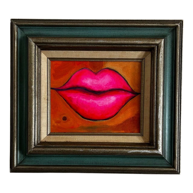 Original Pop Art Painting of Hot Pink Lips in Vintage Wood Frame For Sale