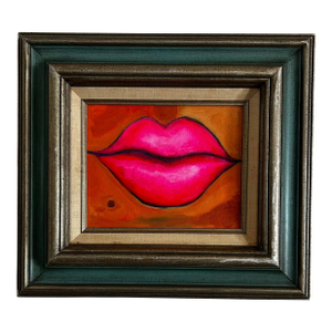 Original Pop Art Painting of Hot Pink Lips in Vintage Wood Frame