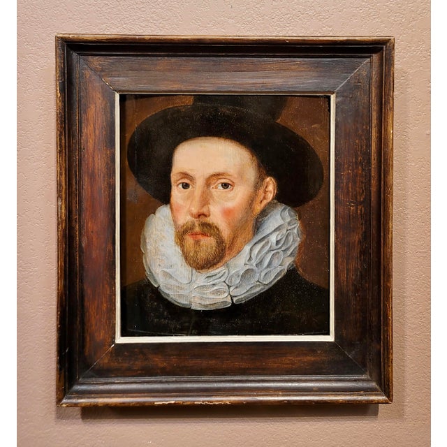 Flemish School-Portrait of a Dutch man w/Ruff Collar & Black Hat-17th century Oil painting Realist Oil painting on wood...