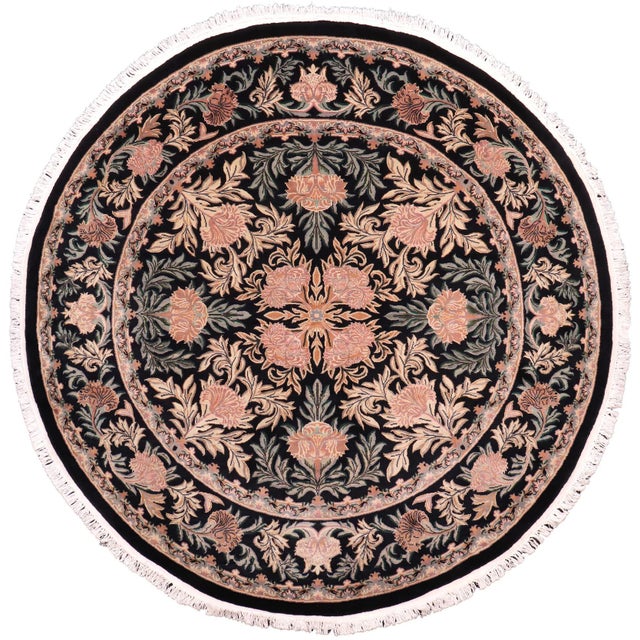 Shabby Chic 1990's Floral Tulip Pak-Persian Black/Tan Wool Round Rug- 8'0'' X 8'2'' For Sale - Image 9 of 9