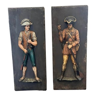 Pair of Large HTF Midcentury 1960s American Revolutionary War Minutemen Soldiers 3d Wall Decor Rough Luxe Appeal For Sale