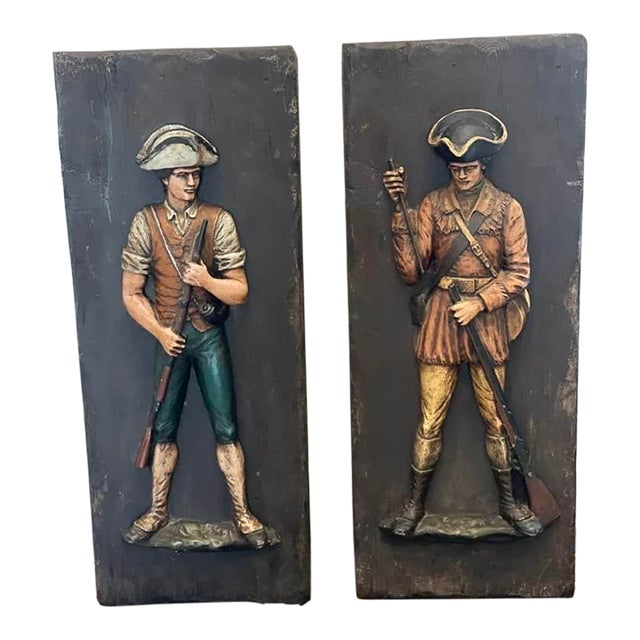 Pair of Large HTF Midcentury 1960s American Revolutionary War Minutemen Soldiers 3d Wall Decor Rough Luxe Appeal For Sale