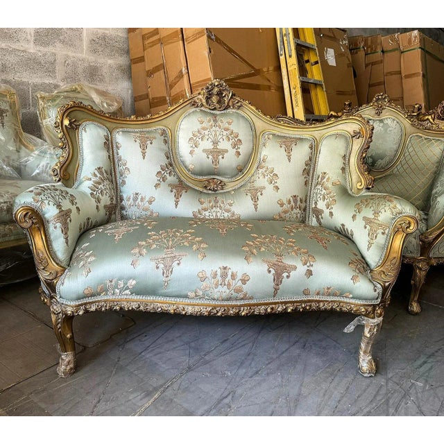 French Rococo Style Light Blue Sofa With Gold Details | Chairish