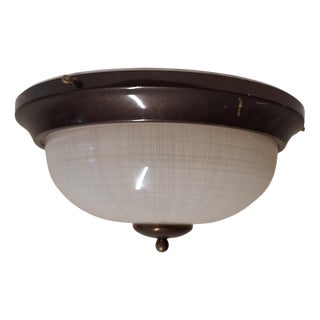 Flat Vintage Ceiling Lamp with White Patterned Glass Shade on Patinated Brass Mount, 1970s For Sale
