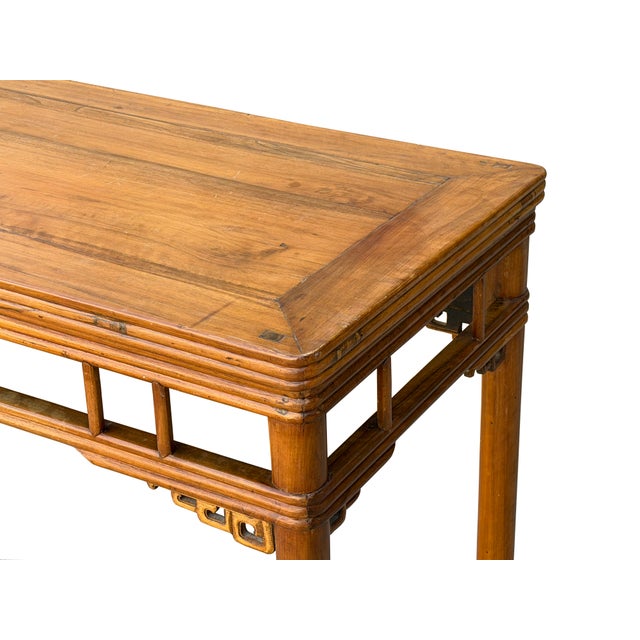 Wood Vintage Honey Wood Tone Ming Style Round Legs Console Altar Table For Sale - Image 7 of 10