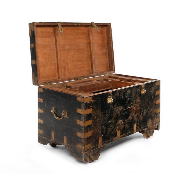 Wooden chest with brass fittings, circa 1920 Antique wooden chest with brass fittings. Has brass fittings and several...