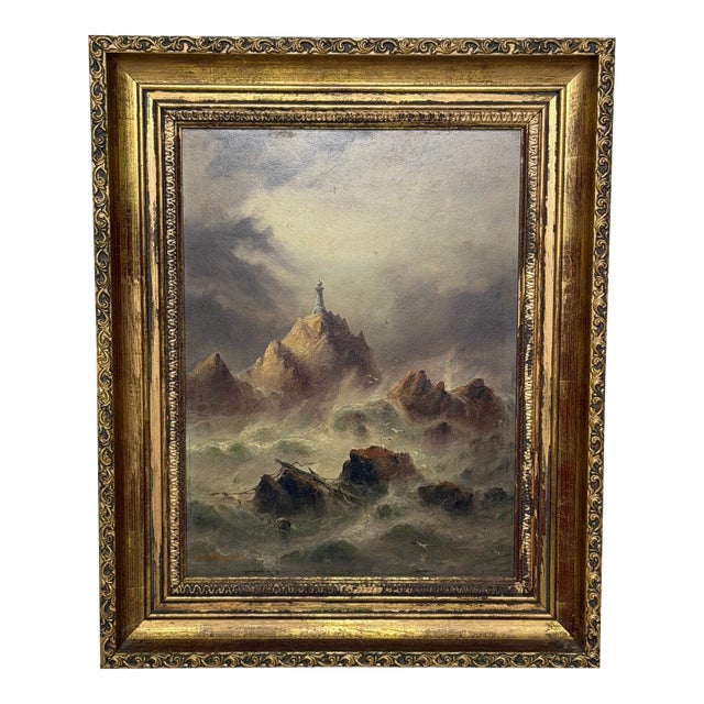 Sarah Louisa Kilpack (1839–1909) | La Corbière Lighthouse, Jersey | Dramatic Victorian Marine Oil on Board, c.1880 For Sale