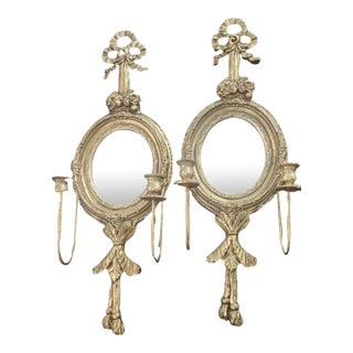 Pair of Late 20th Century Gold Gilt Bulleye Mirror Scones With Candlestick Holders Gilded Age For Sale
