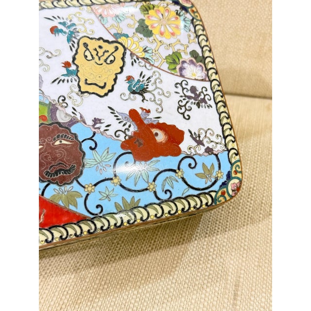 Rare Large Japanese Cloisonne Enamel Theatrical Mythical Mask Box Meiji For Sale - Image 4 of 13
