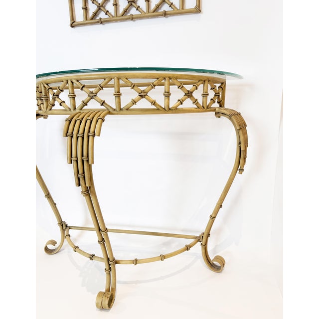 Mid 20th Century Hollywood Regency Metal Faux Bamboo Demilune Console Table and Mirror - Set of 2 For Sale - Image 5 of 12