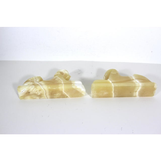 Alabaster Pair of Vintage Carved Alabaster Sphinx Shelf or Coffee Table Styling Onyx Bookends For Sale - Image 8 of 9