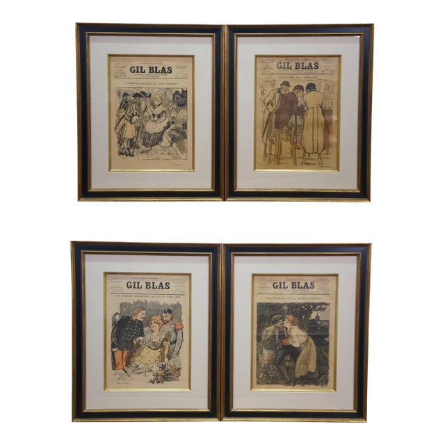 Antique Gil Blas French Belle Époque Newspaper Advertising Framed Steinlen 23" - Set of 4 For Sale