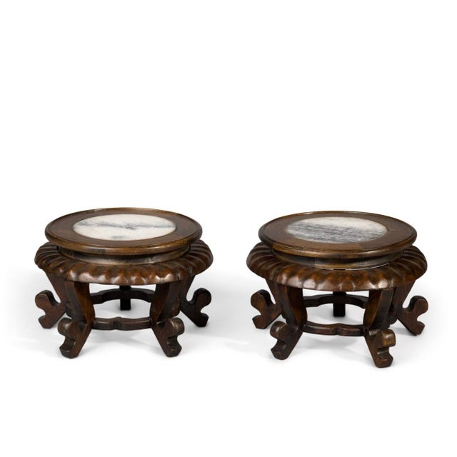 Chinese Pair of Marble-Inset Rosewood Stands | Chinese | 20th Century | Provenance: David H. Murdock Collection For Sale - Image 3 of 3