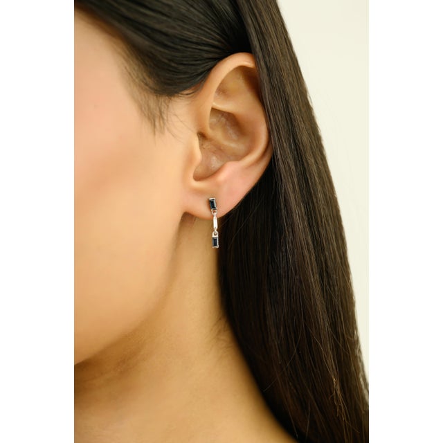 Metal Natural Blue Sapphire Drop Earrings With Baguette Diamonds in 14k White Gold- A Pair For Sale - Image 7 of 12