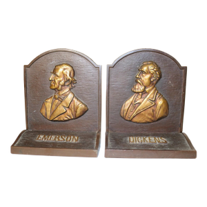 Pair of Antique Solid Heavy Figural Bronzed Cast Iron Dickens Emerson Bookends