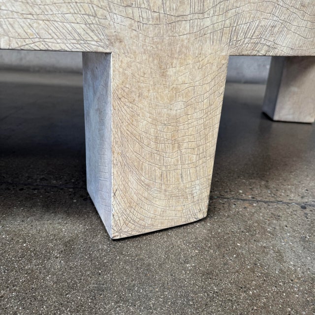 Vintage Post Modern Half Moon Beige Wood & Travertine Coffee Table For Sale - Image 9 of 12