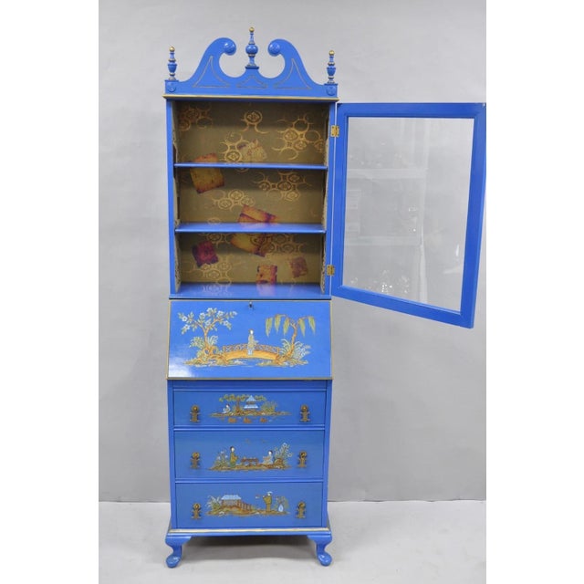 Vintage Chinoiserie Blue Hand Painted Gold Gilt Narrow Bookcase Secretary Desk For Sale - Image 9 of 18