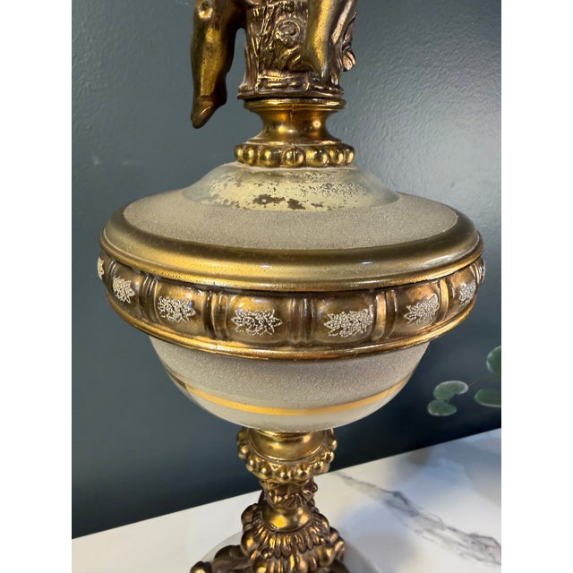 Vintage Hollywood Regency Cherub Putti Ivory & Gold Table Lamp - = Original Fringed Shade For Sale - Image 4 of 7