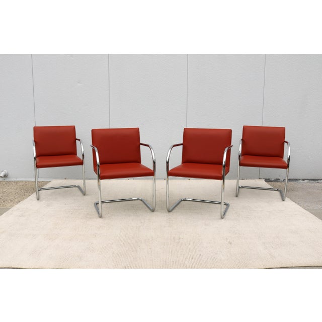 2010s Ludwig Mies Van Der Rohe Brno Tubular Chairs in Orange Vinyl by Gordon, Set of 4 For Sale - Image 5 of 18