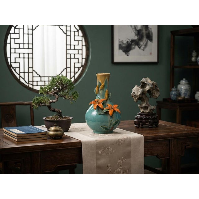 Art Deco Turquoise Teal Bulbous Round Body Orange Dimensional Lily Flower Art Vase For Sale - Image 3 of 15
