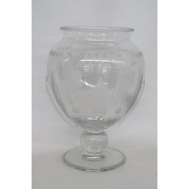 Neoclassical Neoclassical Italian Style Glass Pedestal Urn Vase Etched Floral Motif 5111b For Sale - Image 3 of 12