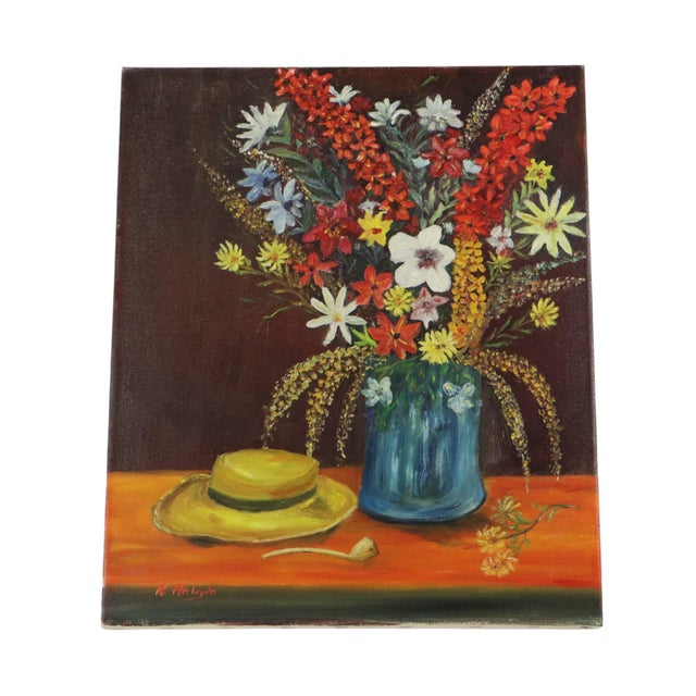 R. Aerdbeyde, Flowers with Hat, 1970s, Painting on Canvas For Sale - Image 10 of 12