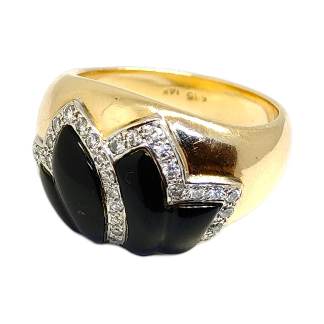Black Vintage 14k Gold Onyx & Diamond Foliate Design Ring, Size 6.75 For Sale - Image 8 of 12