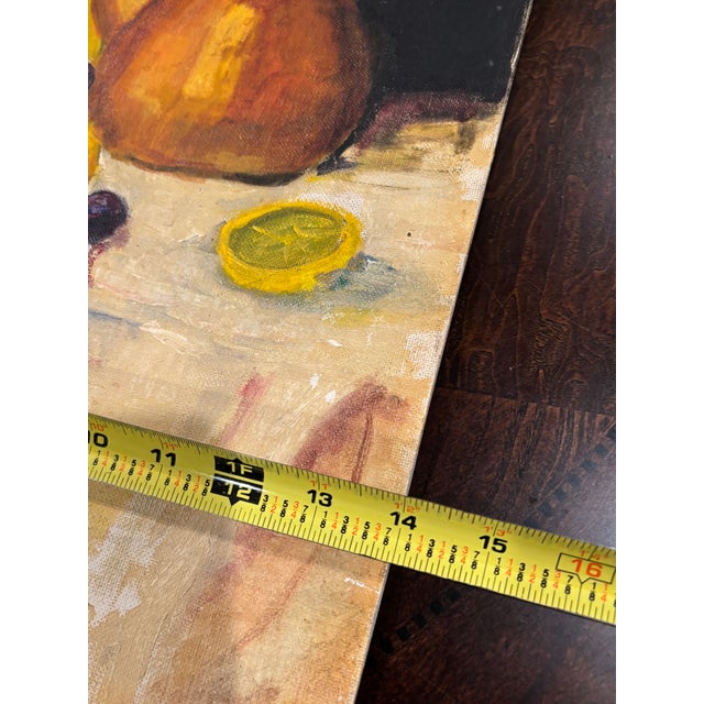 Yellow Vintage Still Life Oil Painting With Fruit, Wine Bottle & Copper Kettle, 14” × 18” For Sale - Image 8 of 10