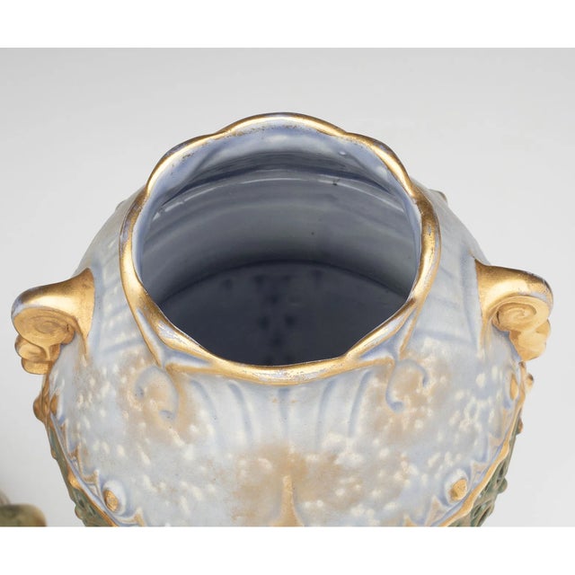 Ceramic Amphora Art Nouveau Vase, c.1900, Pierced Blue-Green & Gilt, 13.25-Inch For Sale - Image 7 of 7