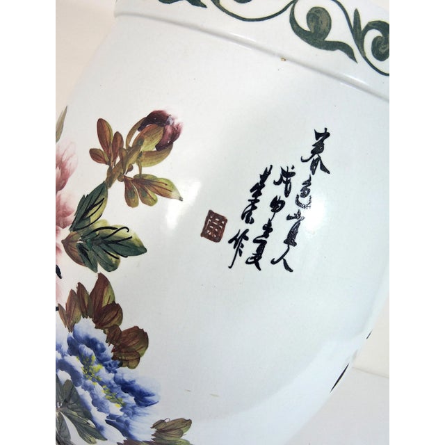 Vintage Chinese White Porcelain Garden (Drum) Stool With Green Bamboo, Pink & Blue Flowers, Side Table on Custom Rosewood Wood Display Stand For Sale - Image 10 of 11