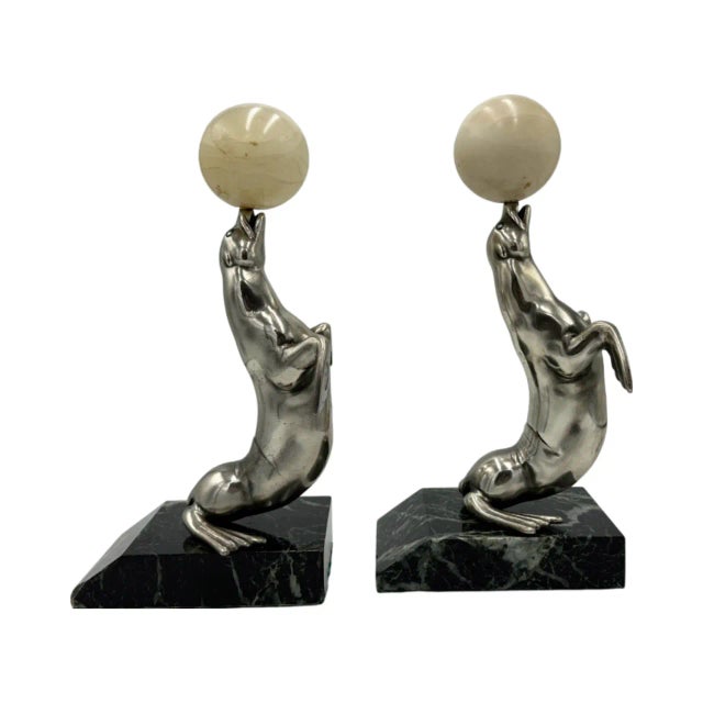 Art Deco Pair Art Deco Sea Lion Bookends French Silverplate Alabaster For Sale - Image 3 of 12