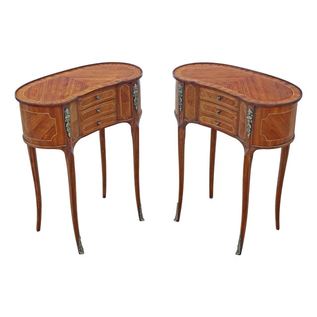 Vintage Kidney-Shaped Inlaid Veneer Bedside Tables, 1925, Set of 2 For Sale