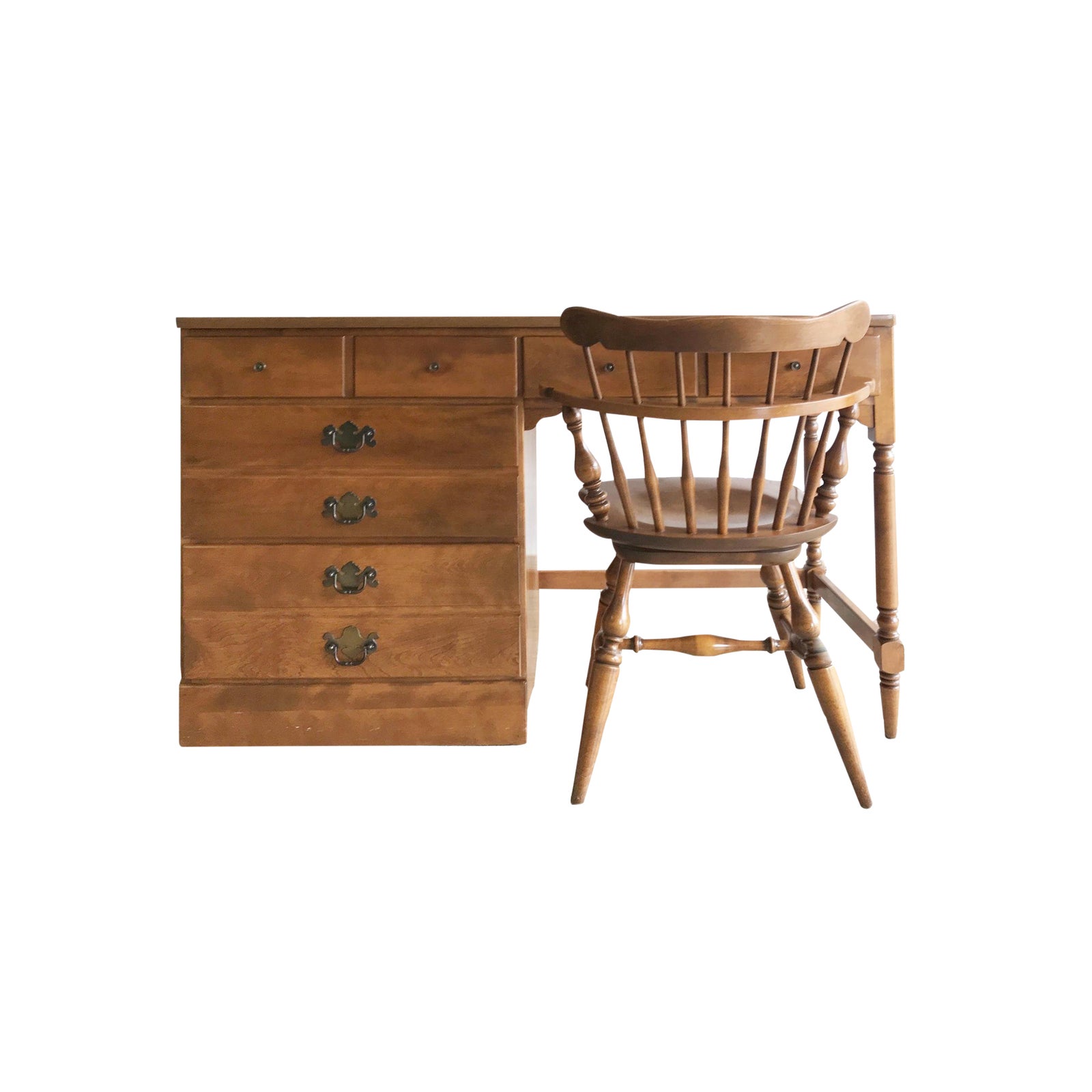 Vintage Ethan Allen Wood Writing Desk With Side Drawers and Turned Wood