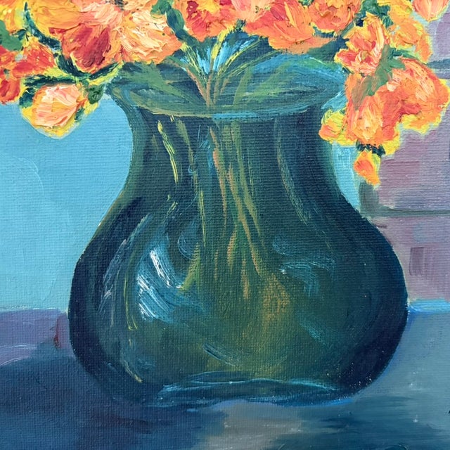 Floral Still Life Original Oil Painting in Silvered Aqua Frame For Sale In Dallas - Image 6 of 7