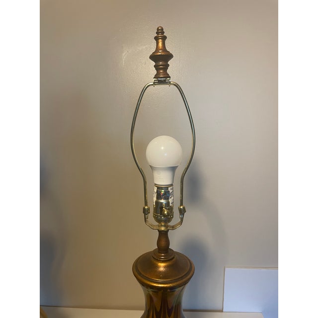 Vintage Iridescent Art Glass Table Lamps-Murano Style Amber Feather Patten - A Pair For Sale - Image 14 of 17