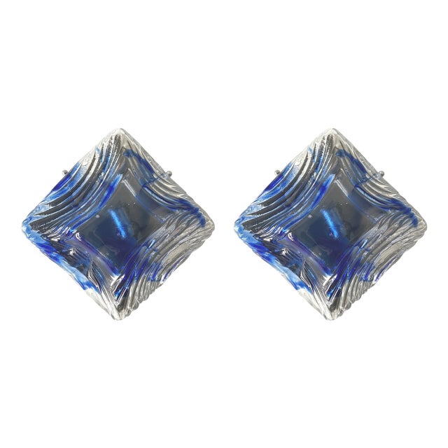 Mid-Century Modern Italian Blue Clear Murano Wall Sconces from Mazzega, 1970s, Set of 2 For Sale