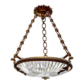 Early 20th Century French Three Light Bronze and Thick Cut Glass Light Fixture For Sale