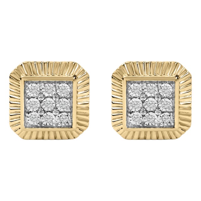 10K Yellow Gold Plated .925 Sterling Silver 1/6 Cttw Diamond Textured Halo Stud Earrings, A Pair For Sale