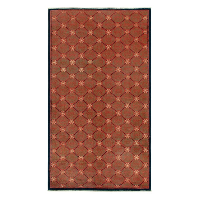 Red 1960s Vintage Art Deco Rug in Red, Green Patterns and Blue Border For Sale - Image 8 of 8