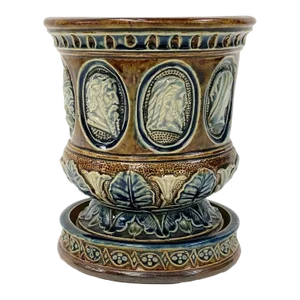 A Late 19th Century English Stoneware Round Planter With Saucer