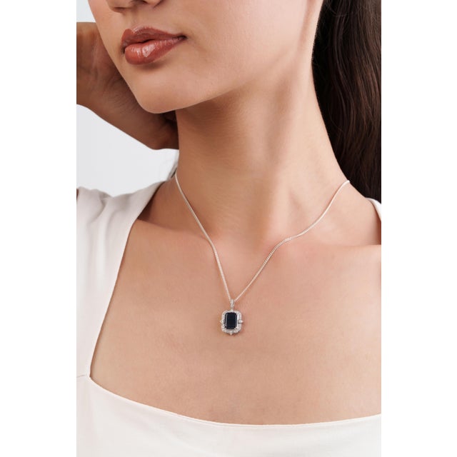Victorian 3.4ct Blue Sapphire & Diamond Pendant in 14k White Gold For Sale In New York - Image 6 of 14
