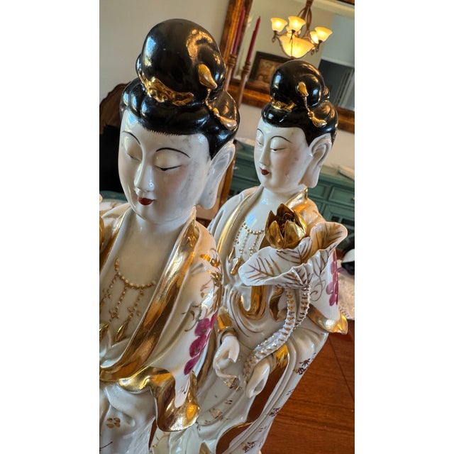 Japanese Vintage Porcelain Guanyin Statues - Quan Yin Gold Gilt L 18" Pair C1915 Rare For Sale - Image 3 of 18