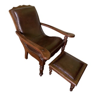 Mahogany Leather Balinese Campeche Chair & Foot Stool For Sale
