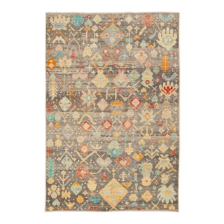 Modern Boho Gray Moroccan Style Handmade Multicolor Pattern Wool Rug For Sale