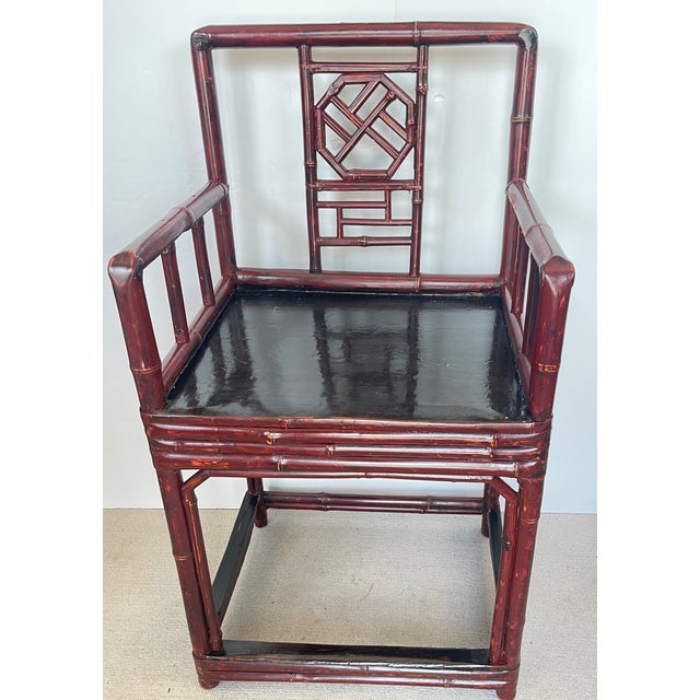 Chinese Antique Qing Dynasty Chinoiserie Fretwork Bamboo Rose Chairs a-Pair For Sale - Image 3 of 17