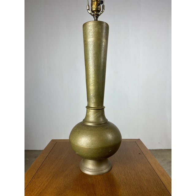 Brass Mid Century Era Middle Eastern Etched Brass Urn Lamp For Sale - Image 8 of 12